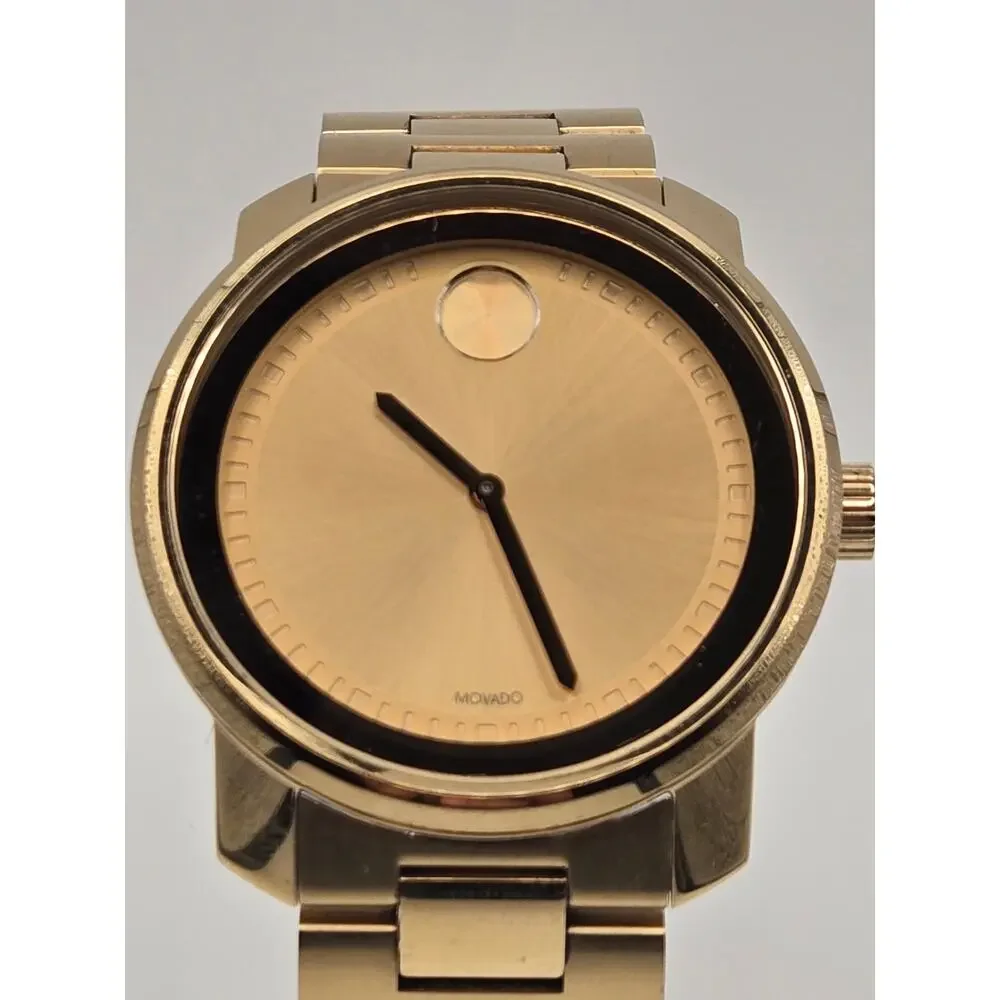 Movado Bold Gold Watch 42.5mm Stainless Steel Link Bracelet Box Papers Classic